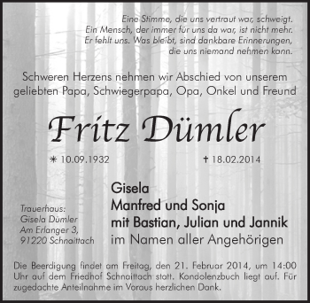 Traueranzeige von Fritz Dümler von Pegnitz-Zeitung